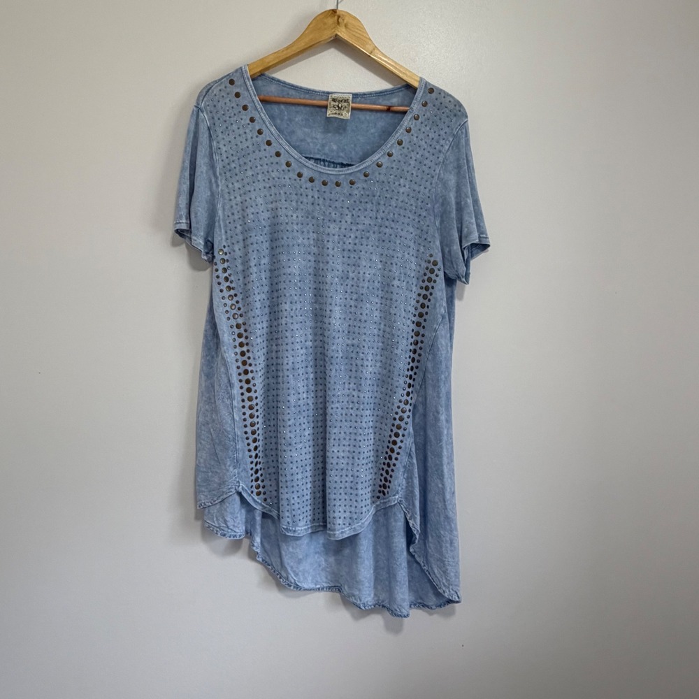 Vocal USA Blue Acid Wash Studded Rhinestone Asymmetrical Top Size Large